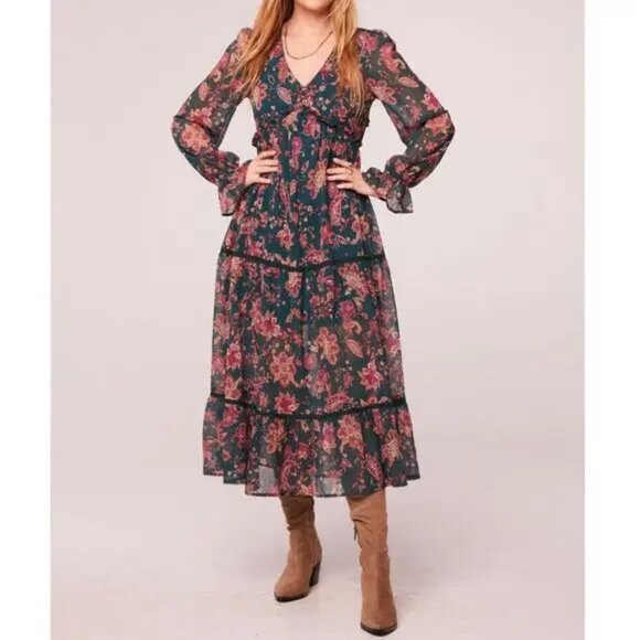 Run the World Pine Paisley Empire Waist Midi Boho Dress Size Small NWT - Picture 3 of 14